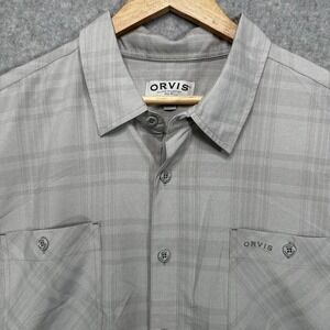 orvis short‎ sleeve button down Gray Plaid Polyester Men's XXL